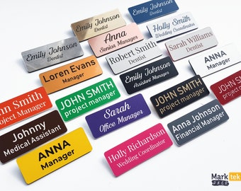 Personalized Plastic Name Badge with Pin or Magnet Attachment - Custom Name, Choose Shape and Font, Laser Engraved Name Tag by MarktekDECO