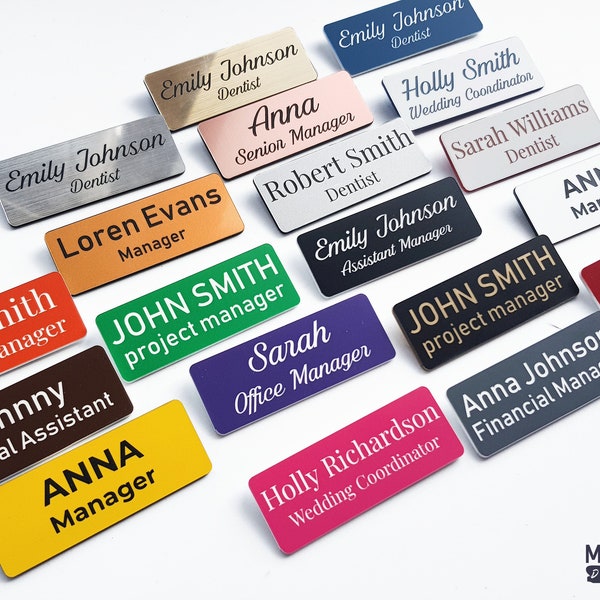 Personalized Plastic Name Badge with Pin or Magnet Attachment - Custom Name, Choose Shape and Font, Laser Engraved Name Tag by MarktekDECO