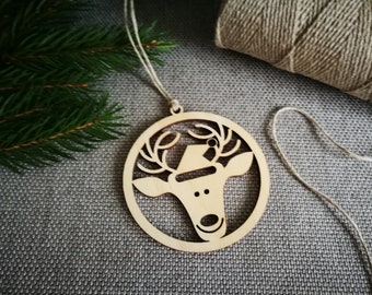 Hanging Christmas Ornament - Smiling Reindeer with string. Rustic Holiday Tree Bauble, Christmas Tree Decor, Wooden Christmas Decorations