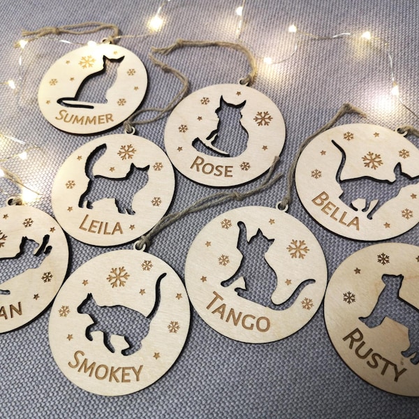 Adorno de gato personalizado, adorno de gato de Navidad, decoración de árbol de Navidad, forma de gato personalizada, nombre de gato grabado, raza de gato, adorno colgante