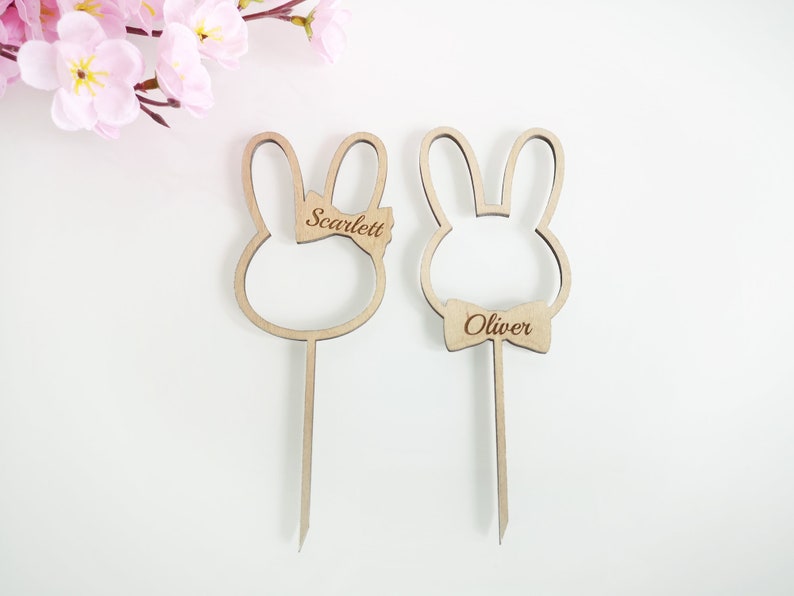 Personalized Easter Bunny Cake Topper Bunny Girl or Boy Easter Table Decoration with custom name Bunny Ears Shape Custom Engraved image 1