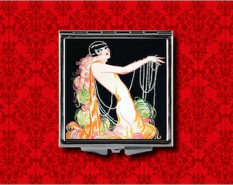Flapper Dancer Art Deco Pin Up Girl 1920's Feather Boa Vintage Metal Makeup Hand Pocket Compact Mirror