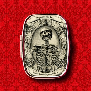Memento Mori Death Skeleton Skull Goth Ring Trinket Stash Medicine Vitamins Gum Tic Tacs Mint Metal Pill Box Case Holder