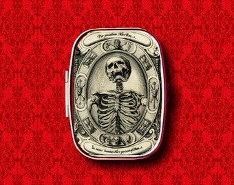 Anillo gótico con forma de calavera y esqueleto de la muerte Memento Mori, alijo de medicinas, vitaminas, chicles, tic tacs, menta, pastillero de metal
