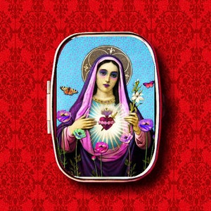 Jungfrau Maria Heilige Mutter Unbeflecktes Herz Rosenkranz Ring Schmuckstück Stash Medizin Vitamine Gum Tic Tacs Mint Metall Pillenbox Fall Halter