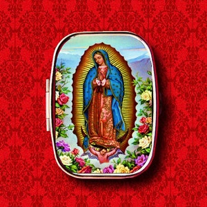 Notre-Dame de Guadalupe Vierge Marie Catholique Religieux Vintage Bague Bibelots Cachette Médecine Vitamines Gomme Menthe Métal Pilulier Support