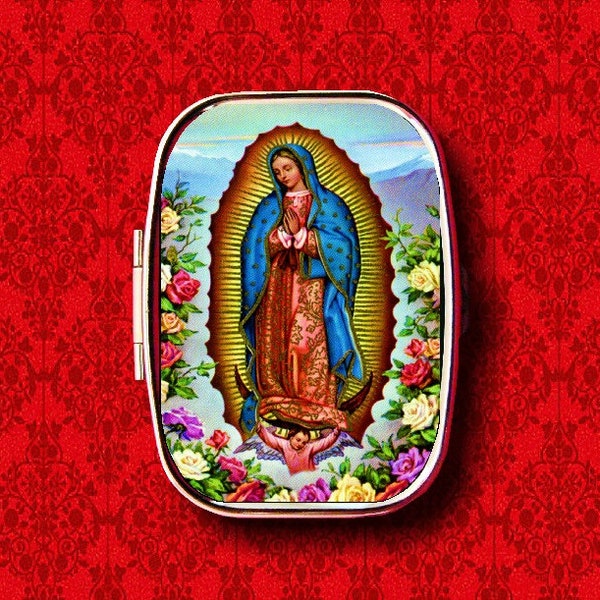 Our Lady of Guadalupe Virgin Mary Catholic Religious Vintage Ring Trinket Stash Medicine Vitamins Gum Mint Metal Pill Box Case Holder