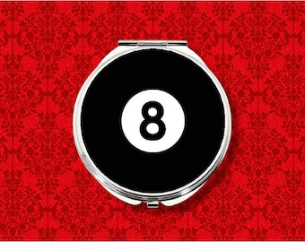 8Ball Eight Ball Pool Billiards Pop Art Round Metal Makeup Hand Pocket Compact Mirror