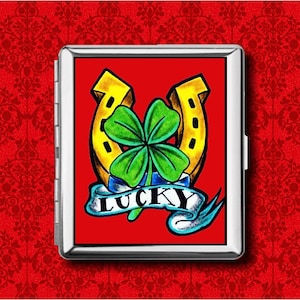 Glück Hufeisen Kleeblatt Casino Lotterie Flash Tattoo Gambler Metall Brieftasche Stash Visitenkarte Zigarette ID IPod Halter Box Fall