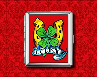 Lucky Horseshoe Shamrock Casino Lottery Flash Tattoo Gambler Metal Wallet Stash Business Credit Card Cigarette ID IPod Holder Box Case