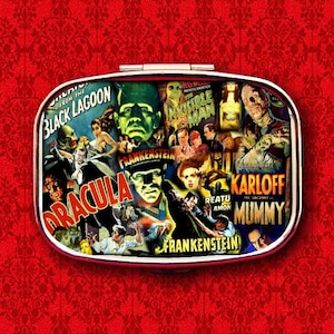 Frankenstein Mummie Klassieke Monster Horror Movie Ring Trinket Stash Geneeskunde Vitaminen Gum Tic Tacs Mint Metalen Pillendoosje Case houder