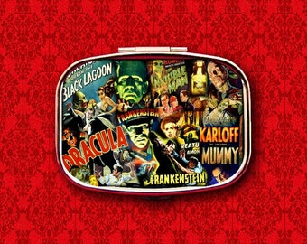 Caja metálica para pastillas Frankenstein, momia, monstruo clásico de película de terror, baratija, medicina, vitaminas, chicles, Tic Tacs, mentas.