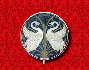 Swans Walter Crane Mucha Art Nouveau Birds Deco Ring Trinket Stash Medicine Vitamins Gum Tic Tacs Mint Round Metal Pill Box Case Holder