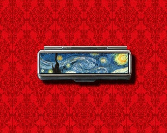 Starry Night Art Painting Stars Moon Vincent Van Gogh Trinket Stash Metal Lip Balm Lip Gloss Gum Cotton Swab Makeup Lipstick Case Holder