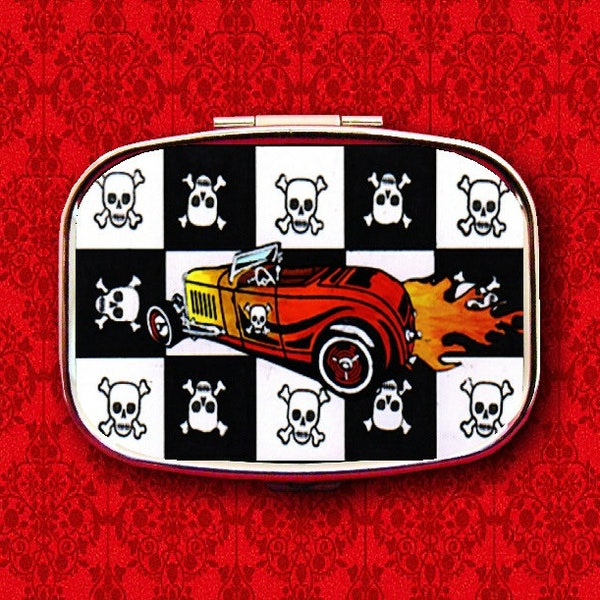 Hot Rod Drag Racing Strip Dragster Car Vintage Rockabilly Skull Trinket Stash Medicine Vitamins Gum Mint Tic Tac Metal Pill Box Case Holder