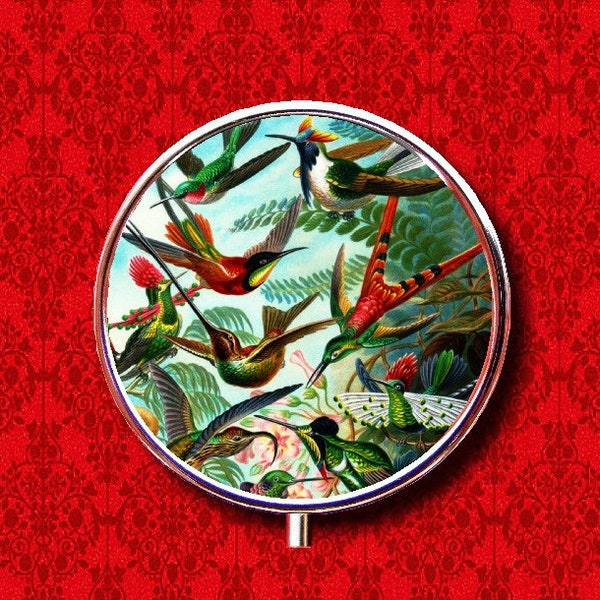 Hummingbird Flowers Birds Nature Ernst Haeckel Ring Trinket Stash Medicine Vitamins Gum Tic Tacs Round Mint Metal Pill Box Case Holder