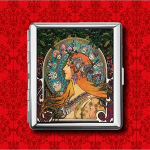 La Plume Sternzeichen Alphonse Mucha Jugendstil Metall Brieftasche Stash Geschäft Kreditkarte Zigarette ID Ipod Halter Box Case