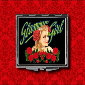 Glamour Girl Pin Up Roses Vintage Advertisement Vintage Metal Makeup Hand Pocket Compact Mirror