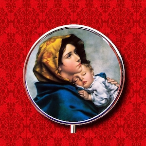 Jungfrau Maria Heiliger Mutter Kind Baby Jesus Rosenkranz Ring Schmuckstück Stash Medizin Vitamine Gum Tic Tacs Runde Minze Metall Pillendose Fall Halter