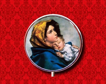 Virgin Mary Saint Mother Child Baby Jesus Rosary Ring Trinket Stash Medicine Vitamins Gum Tic Tacs Round Mint Metal Pill Box Case Holder