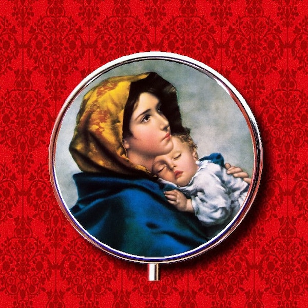 Virgin Mary Saint Mother Child Baby Jesus Rosary Ring Trinket Stash Medicine Vitamins Gum Tic Tacs Round Mint Metal Pill Box Case Holder