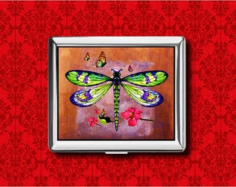 Cartera de metal con diseño de libélula, mariposa, flores e insectos, para guardar tarjetas de crédito, cigarrillos, identificación y soporte para iPod.