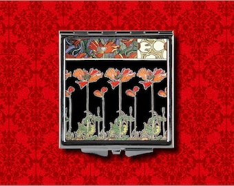 Art Nouveau Poppies Poppy Flower Floral Deco Vintage Style Metal Makeup Hand Pocket Compact Mirror