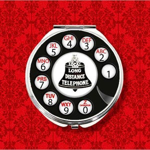 Telefono a disco, stile pop art, retrò, vintage, rotondo, in metallo, con specchietto tascabile per il trucco