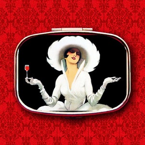 Art Nouveau Martini & Rossi Lady Alcohol Vintage Ad Ring Trinket Stash Medicine Vitamins Gum Tic Tacs Mint Metal Pill Box Case Holder
