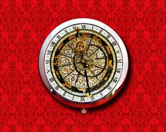 Horloge astronomique de Prague Steampunk astrologie médiévale ronde en métal, maquillage de poche, miroir compact