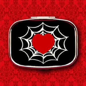 Spider Web Heart Print Ring Trinket Stash Medicine Vitamins Gum Tic Tacs Mint Metal Pill Box Case Holder