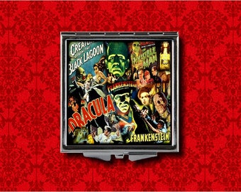 Dracula Frankenstein Mumie Klassische Monster Horrorfilm Vintage Metall Make-up Hand Tasche Kompakter Spiegel