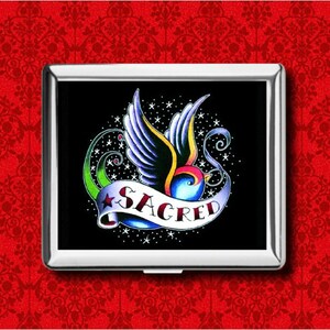 Golondrina Sagrada Vieja Escuela Tatuaje Vintage Estilo Pájaro Estrellas Monedero Metal Stash Tarjeta de Crédito de Negocios Cigarrillo ID IPod Holder Box Case
