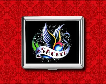 Heilige Zwaluw Old School Tattoo Vintage Stijl Bird Stars Metal Wallet Stash Business Credit Card Sigaret ID iPod Houder Box Case