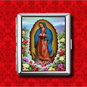 Monedero de metal vintage con diseño de Nuestra Señora de Guadalupe, Virgen María, católico, religioso, para guardar tarjetas de crédito, cigarrillos, identificación, soporte para iPod