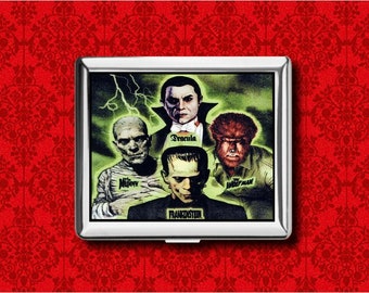 Dracula Frankenstein Mummy Klassieke Monster Horror Movie Vintage Metal Wallet Stash Business Credit Card Sigaret ID IPod Houder Box Case