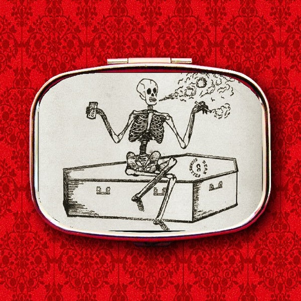 Skeleton Smoking Coffin Death Goth Macabre Skull Vintage Ring Trinket Stash Medicine Vitamins Gum Tic Tacs Mint Metal Pill Box Case Holder