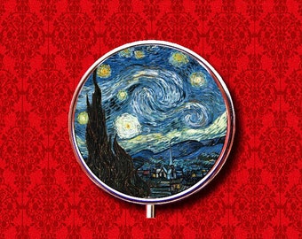 Starry Night Art Painting Stars Moon Vincent Van Gogh Ring Trinket Medicine Vitamins Gum Tic Tacs Round Mint Metal Pill Box Case Holder