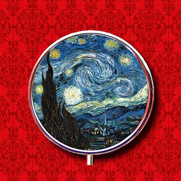 Starry Night Art Painting Stars Moon Vincent Van Gogh Ring Trinket Medicine Vitamins Gum Tic Tacs Round Mint Metal Pill Box Case Holder