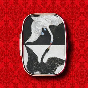 May include: A round, silver-framed box with a black and white image of two swans. The swans are facing each other, with one swan's head bent down and the other swan's head bent up. The swans are in a yin-yang design, with the black swan on the white side and the white swan on the black side.