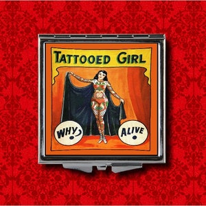 Tattooed Girl Lady Freak Side Show Carnival Circus Vintage Style Metal Makeup Hand Pocket Compact Mirror