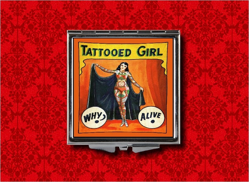 Tattooed Girl Lady Freak Side Show Carnival Circus Vintage Style Metal Makeup Hand Pocket Compact Mirror image 1