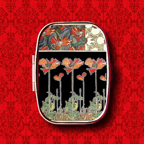 Art Nouveau Poppies Poppy Flower Floral Deco Vintage Ring Trinket Stash Medicine Vitamins Gum Tic Tacs Mint Metal Pill Box Case Holder