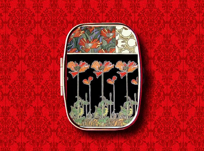 Art Nouveau Poppies Poppy Flower Floral Deco Vintage Ring Trinket Stash Medicine Vitamins Gum Tic Tacs Mint Metal Pill Box Case Holder
