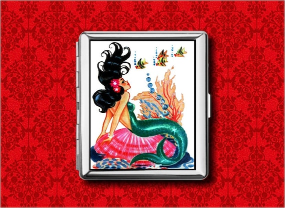 Mermaid Brunette Pearls Ocean Pin up Clam Shells Fish Vintage Metal Wallet  Stash Business Credit Card Cigarette ID Ipod Holder Box Case
