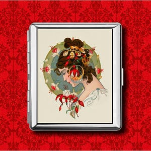 Déesse gitane clapet pin up Art nouveau fleurs vintage métal portefeuille cachette entreprise carte de crédit porte-cigarette boîte étui