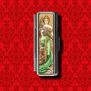 Alphonse Mucha Art Nouveau femme pin up bibelots cachette baume à lèvres en métal brillant à lèvres gomme coton-tige maquillage rouge à lèvres support