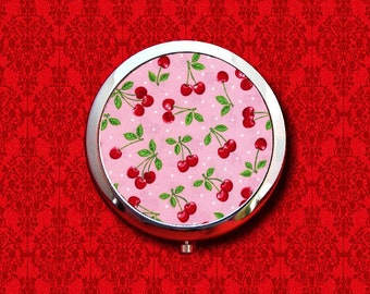 Cherry Polka Dot Pattern Print Pink Cherries Round Metal Makeup Hand Pocket Compact Mirror