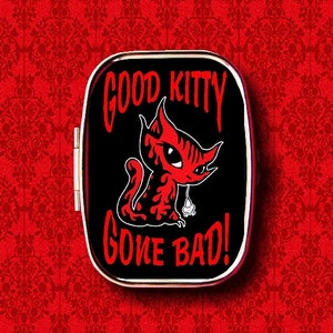 Good Kitty Gone Bad Evil Cat Mouse Ring Trinket Stash Medicine Vitamins Gum Tic Tacs Mint Metal Pill Box Case Holder