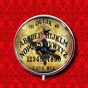 Ouija Board Game Witch Pin Up Girl Seance Wicca Ring Trinket Stash Medicine Vitamins Gum Tic Tacs Round Mint Metal Pill Box Case Holder